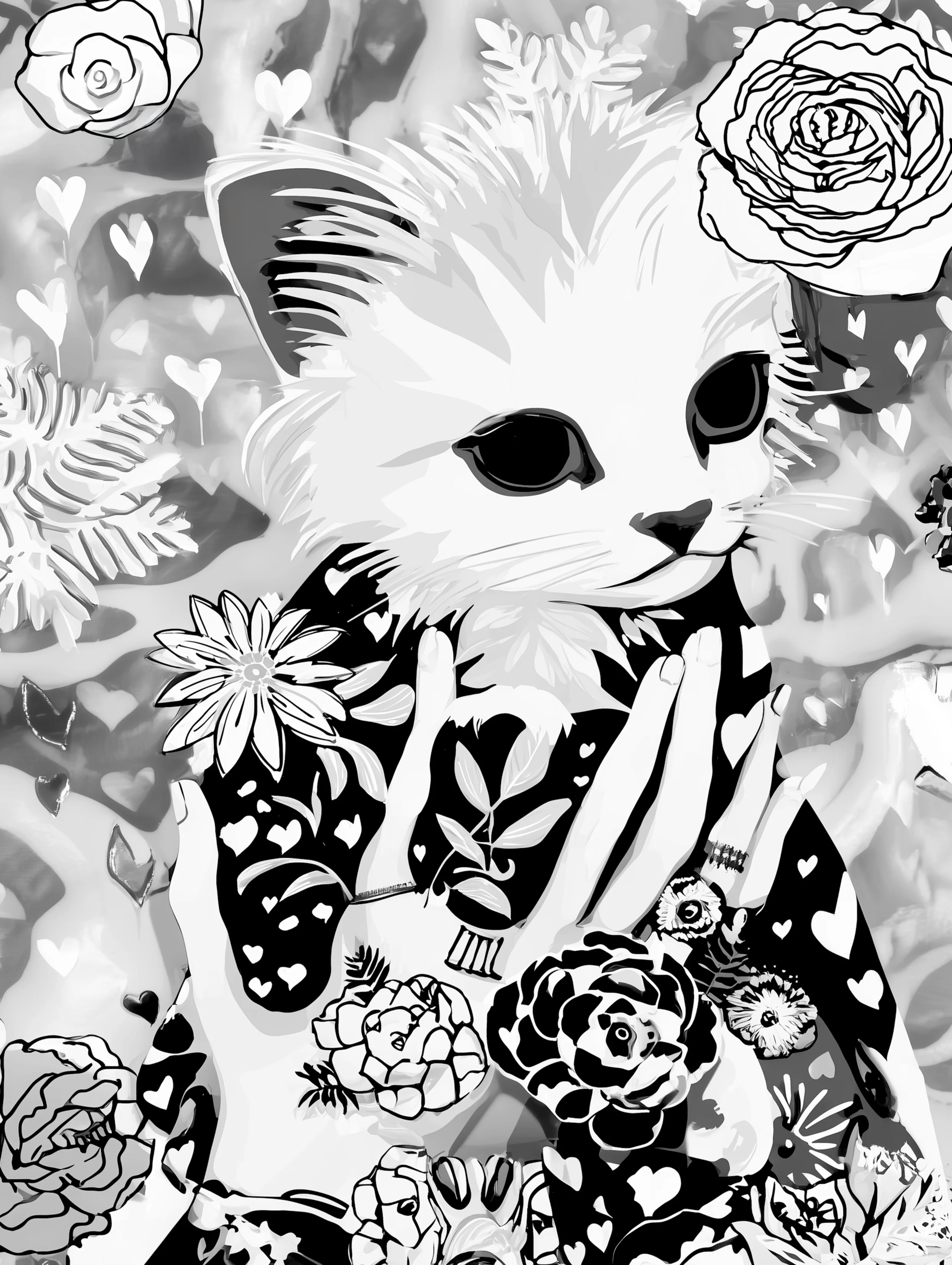 Free printable kitten coloring page featuring hands cradling a kitten